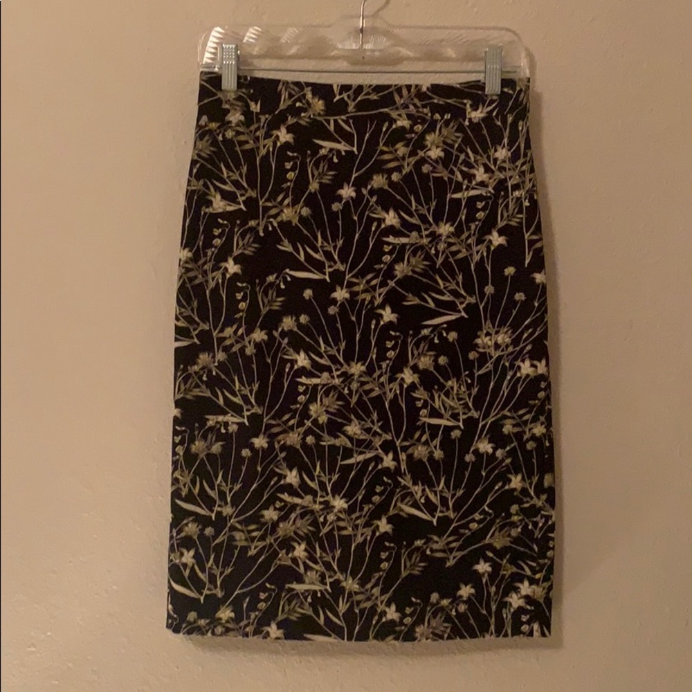 Black pencil skirt w/ green/yellow floral pattern